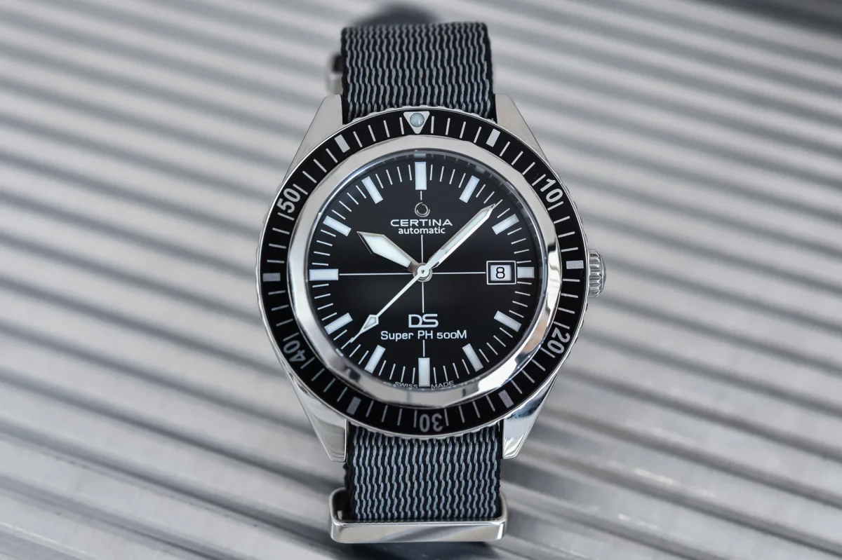 Certina DS Super PH500M watch with black dial and sword hands