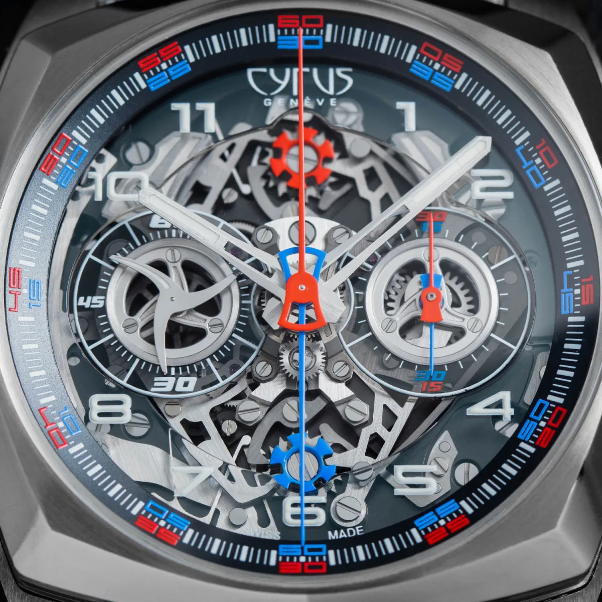 Close-up of the Cyrus Klepcys Dice's red and blue chronograph hands.