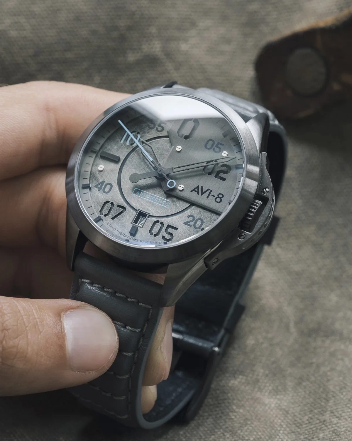 AVI-8 watch crown resembling P-51 Mustang exhaust