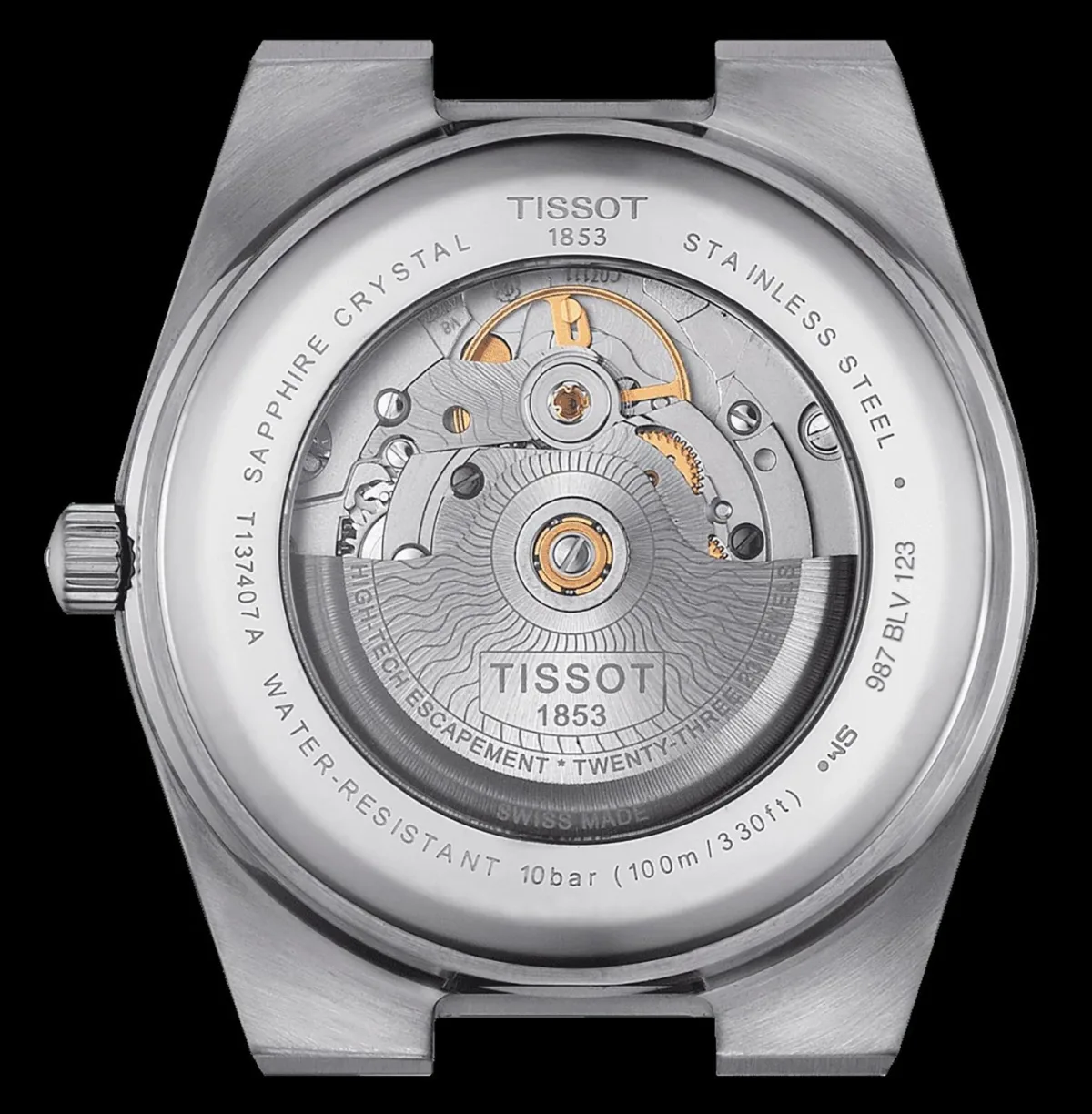 Back view of Tissot PRX 40 205 showing Powermatic 80 movement