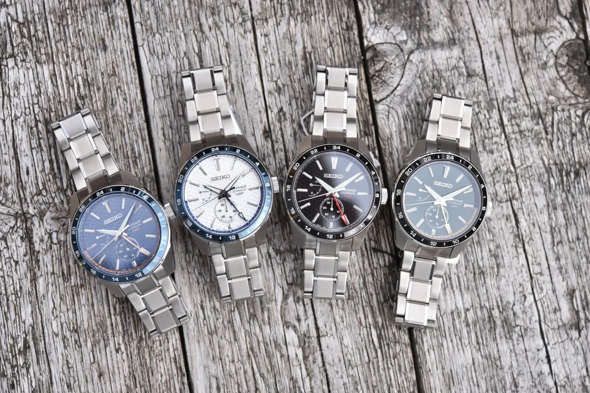 Close-up of Seiko Presage Sharp Edged GMT watch dial