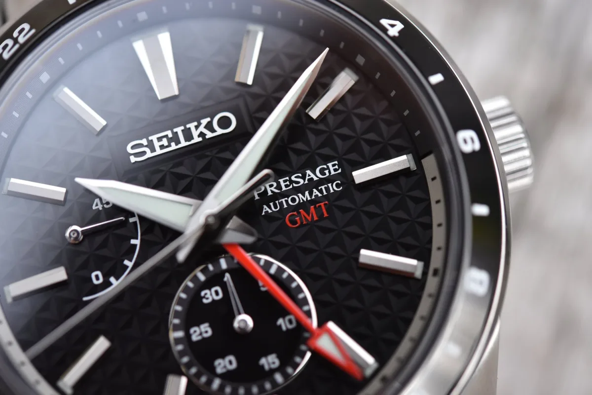 Seiko Presage Sharp Edged GMT watch Asanoha pattern dial