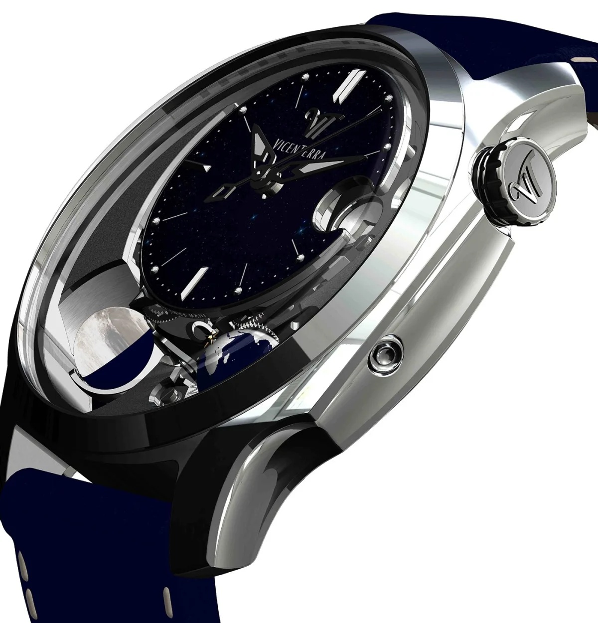 Vicenterra AstroLUNA on dark blue leather strap