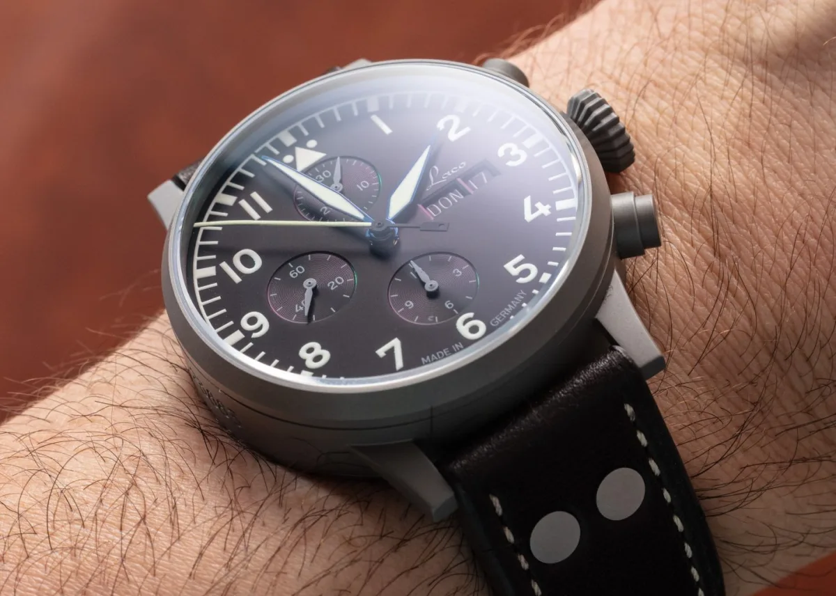 Close-up of Laco Munchen chronograph subdials
