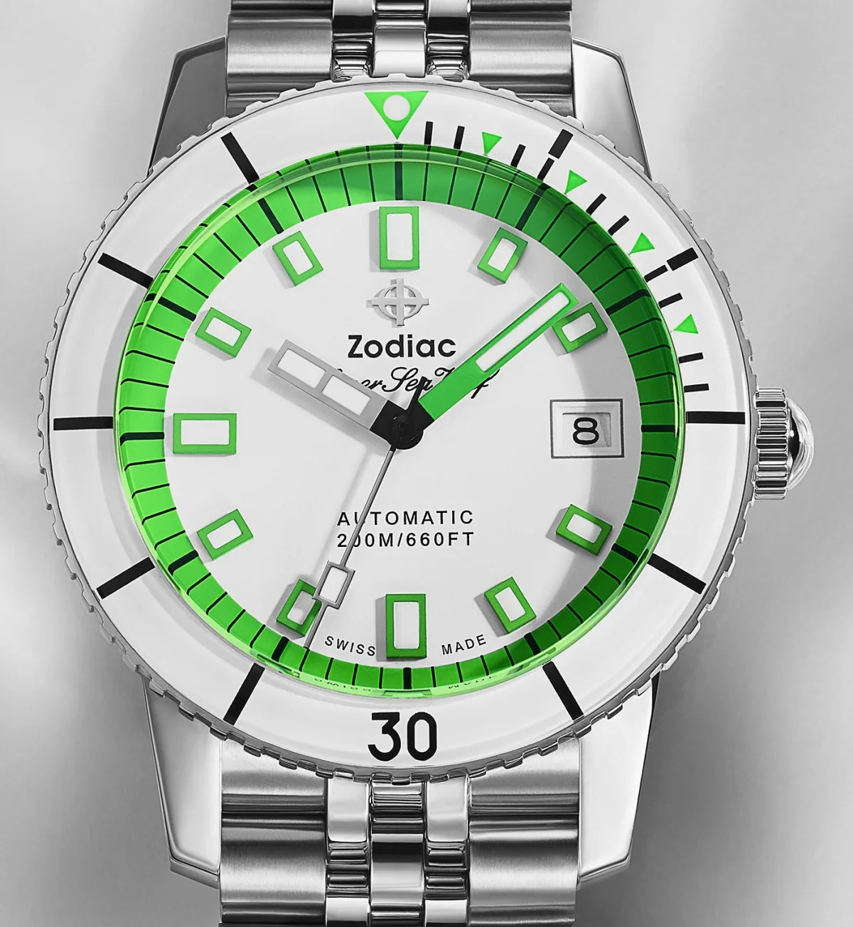Dial design of Zodiac Super Sea Wolf 53 Neon