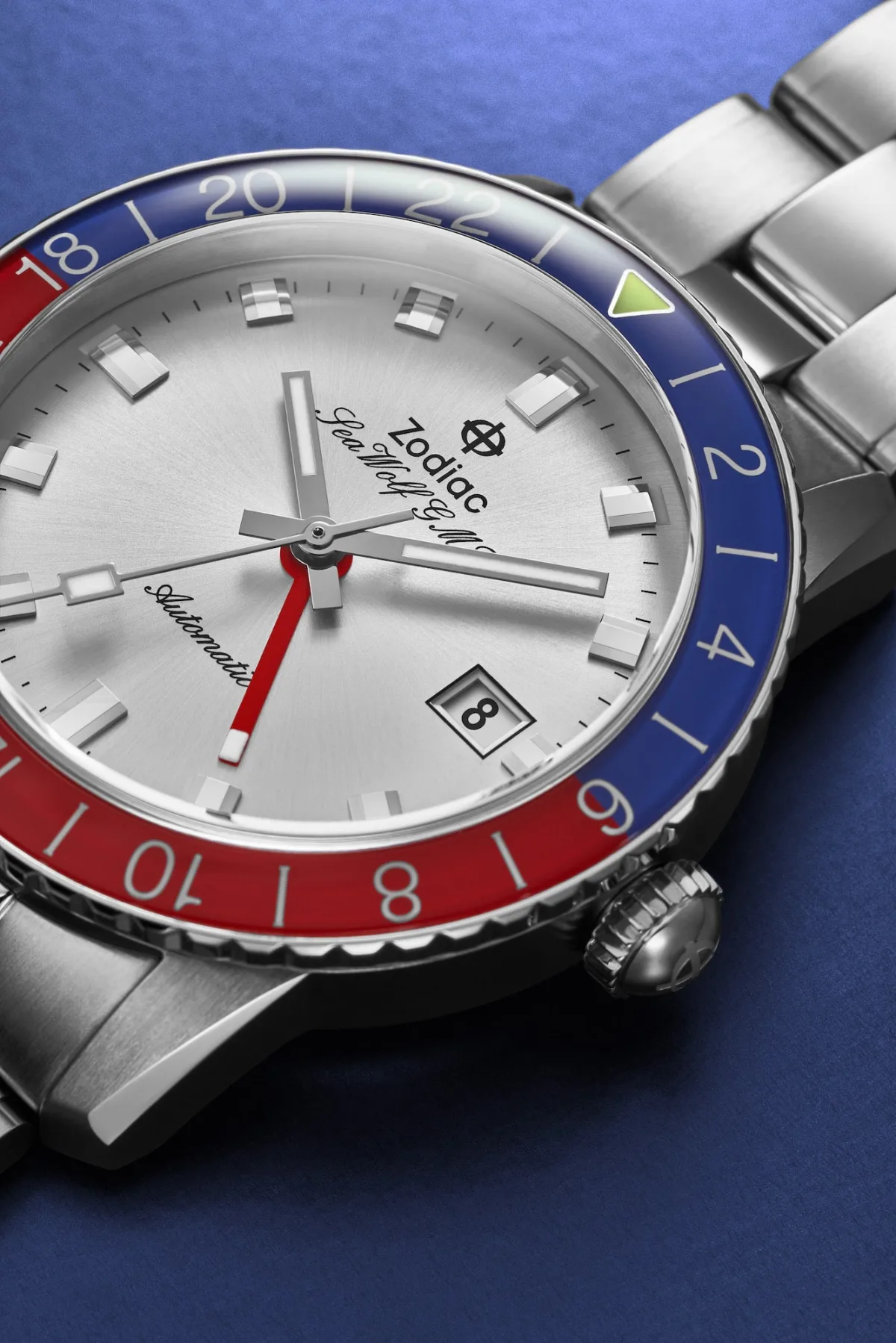 Zodiac Sea Wolf GMT Crystal watch in silver with blue and red bezel