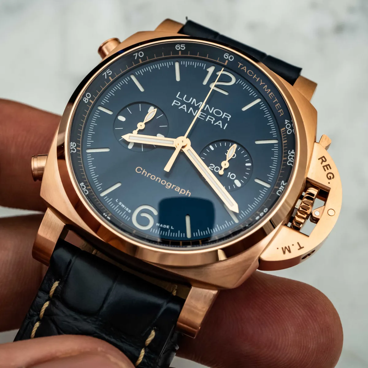 Close-up of Panerai Luminor Chrono PAM1218 and PAM1111