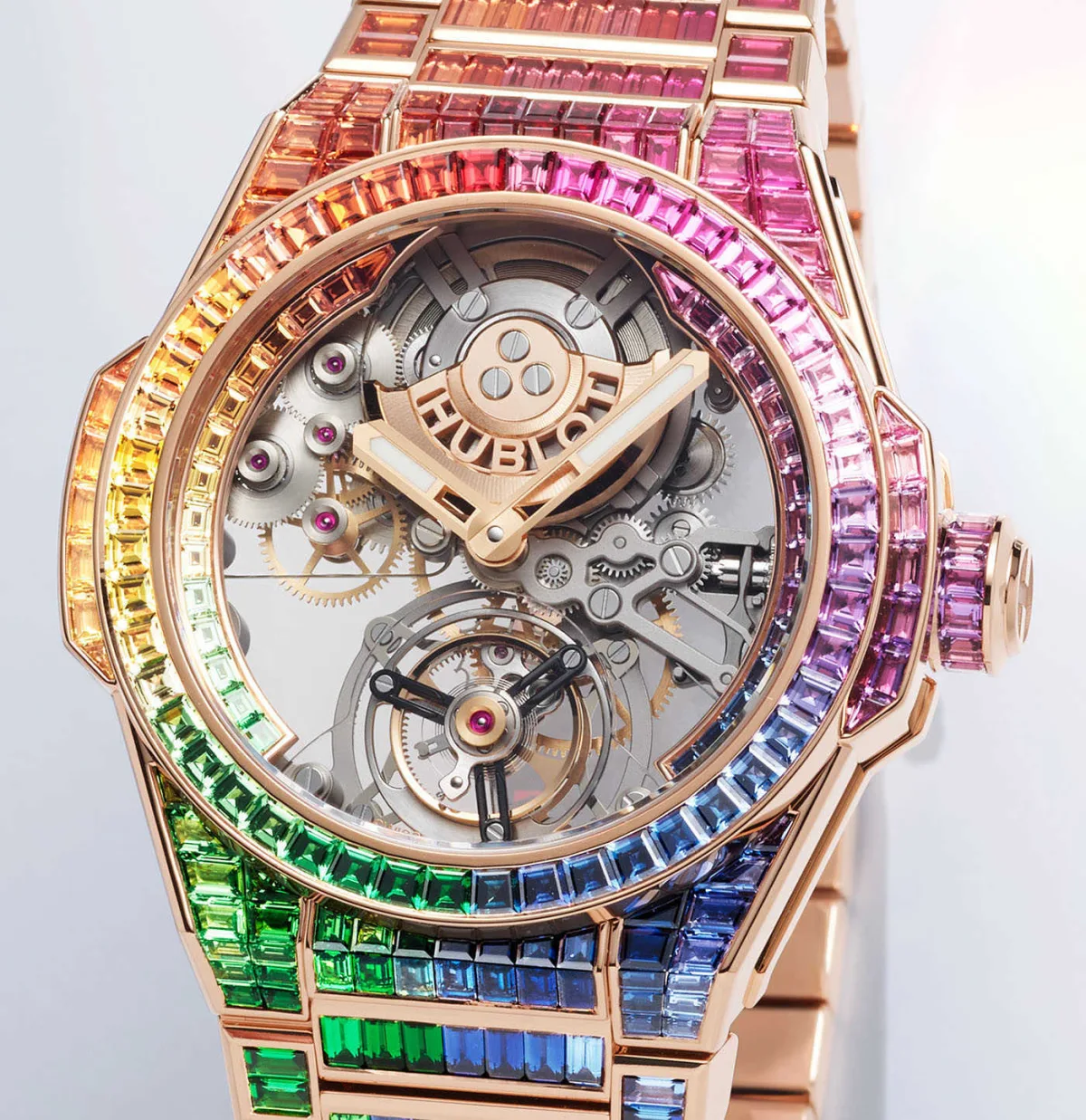 Skeletonized movement of Hublot Big Bang Integral Tourbillon Rainbow