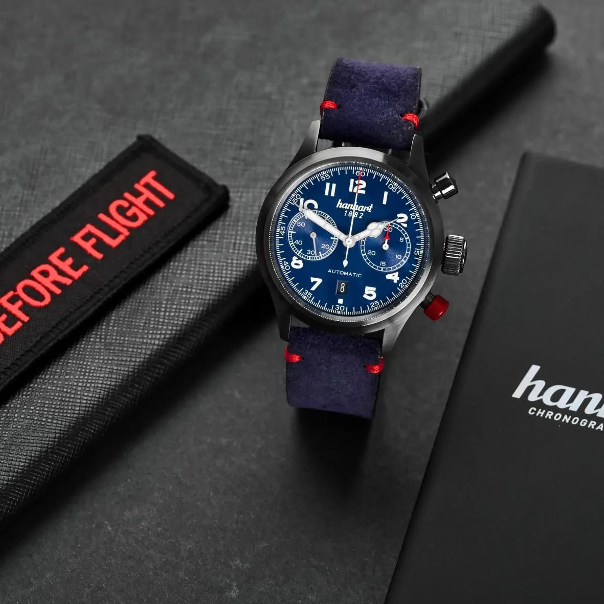 Hanhart #FliegerFriday Edition watch with black DLC case and blue dial