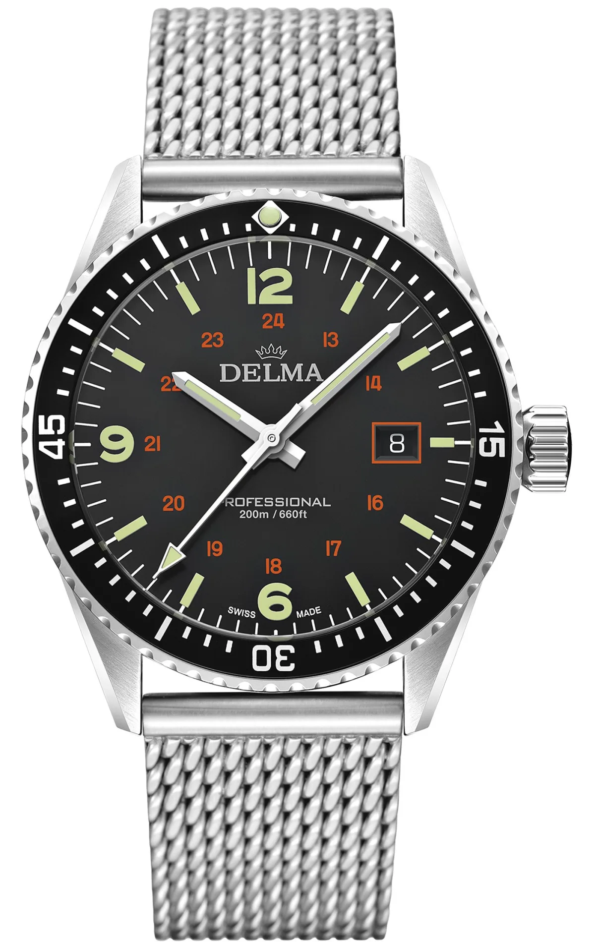 Close-up of Delma Cayman Field Watch dial with military-style indices.