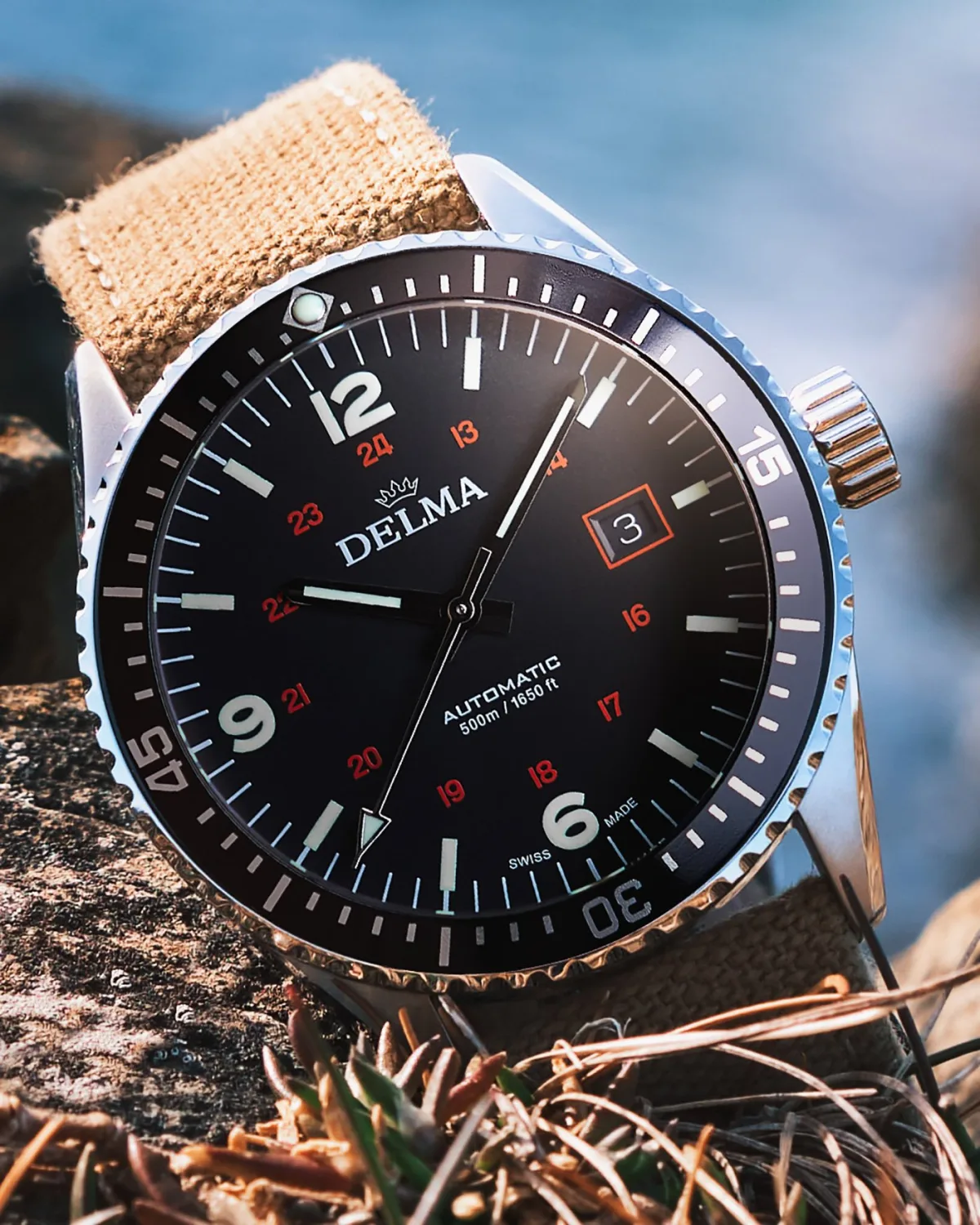 Delma Cayman Field Watch with various strap options: canvas, rubber, and mesh.