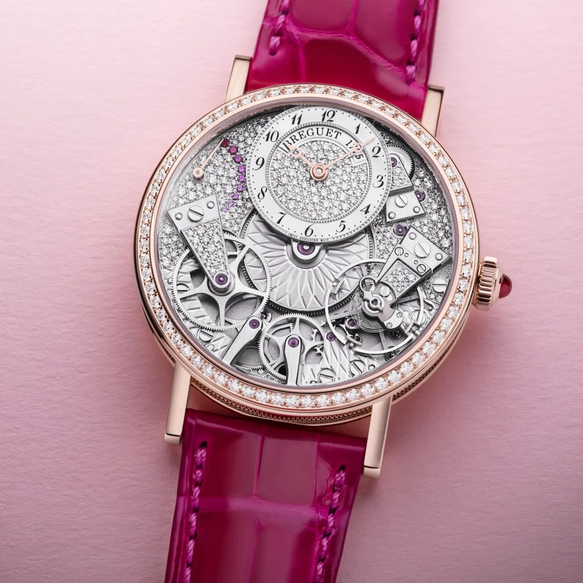 Close-up of the Breguet Tradition 7035 sub-dial with diamonds and mother-of-pearl