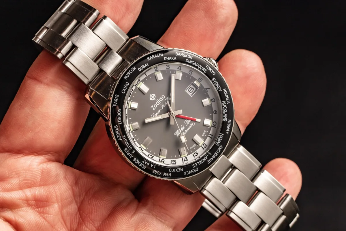Close-up of the Zodiac Super Sea Wolf World Time bezel with global destinations