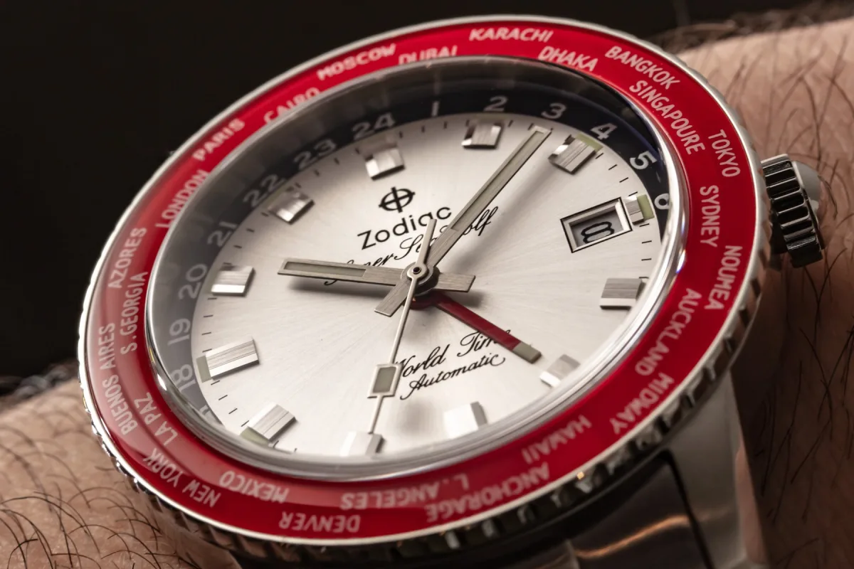 Zodiac Super Sea Wolf World Time watch face with warm gray dial
