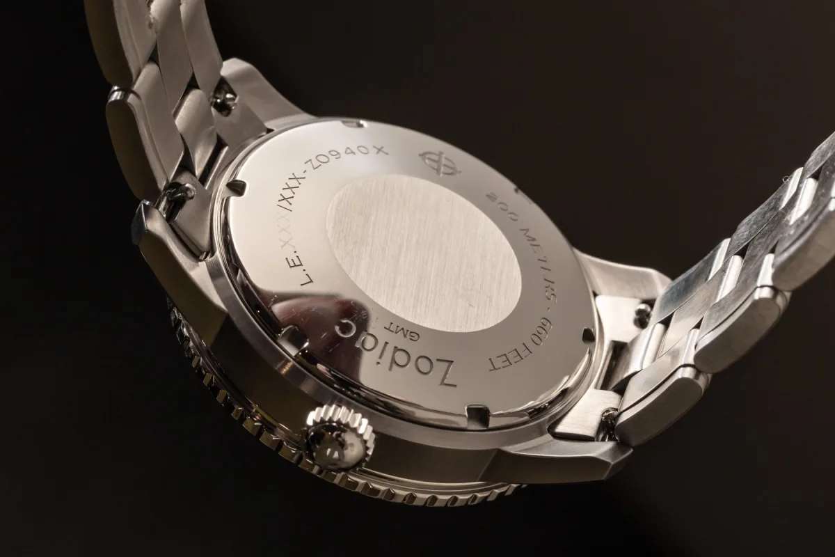 Side view of Zodiac Super Sea Wolf World Time showing crown and lugs