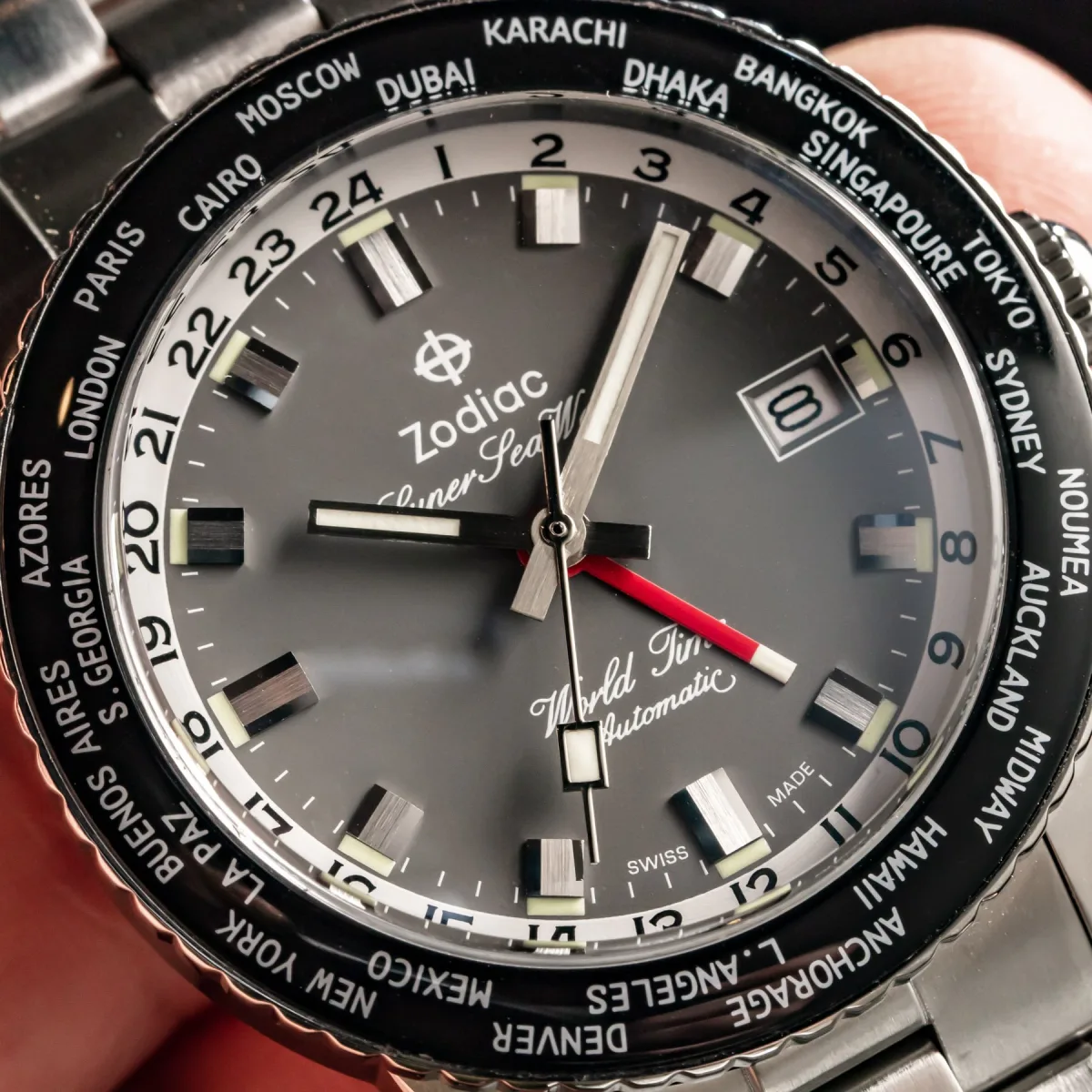 Zodiac Super Sea Wolf World Time on wrist, showcasing its vintage style