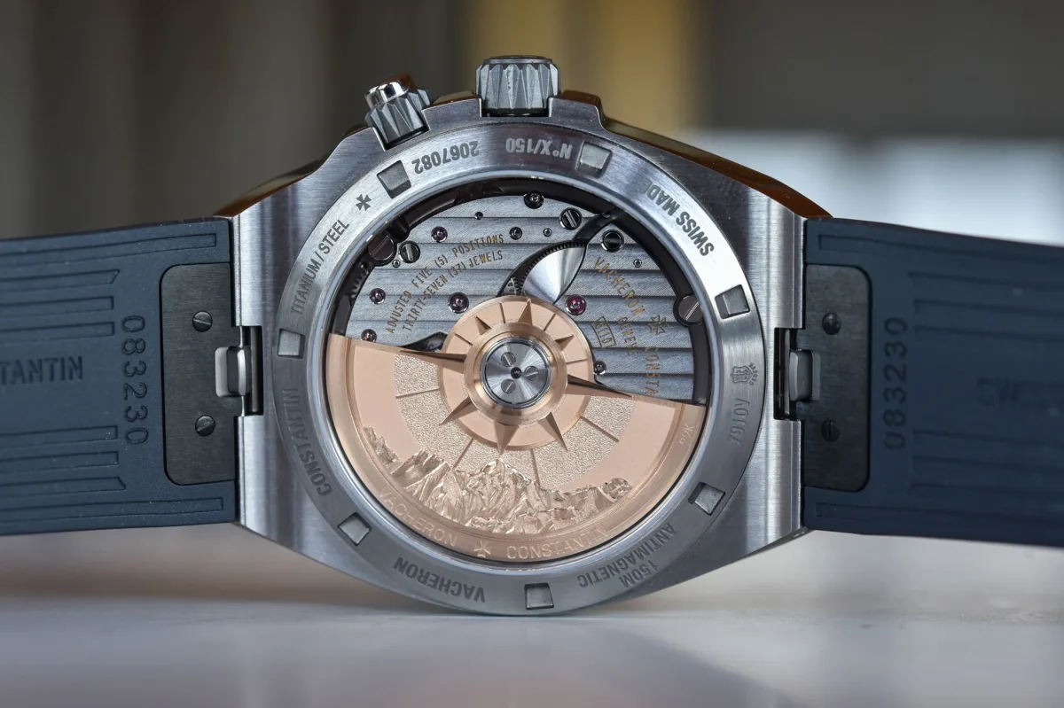 Back view showing the movement of Overseas Dual-Time Everest