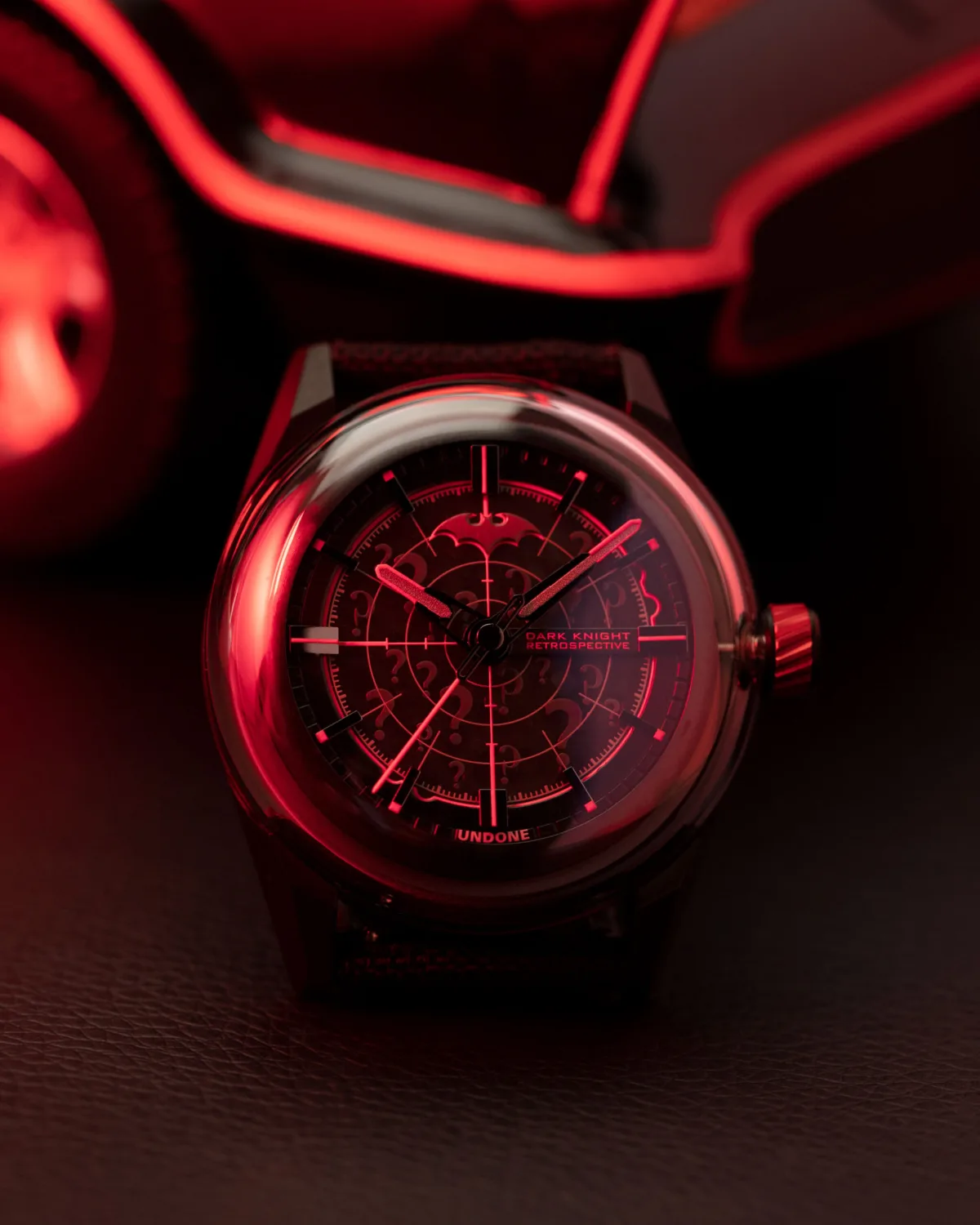 Close-up of UNDONE Dark Knight Retrospective watch dial