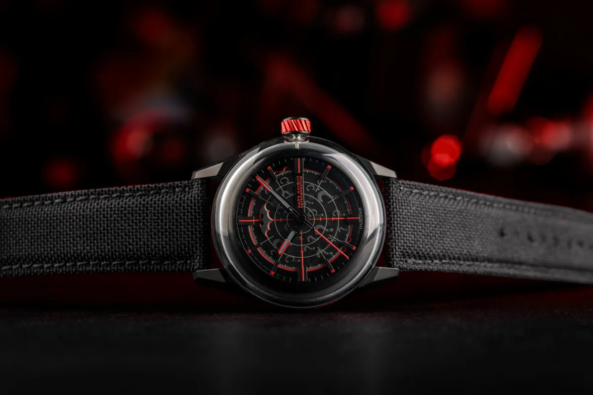 Side view of UNDONE Dark Knight Retrospective watch