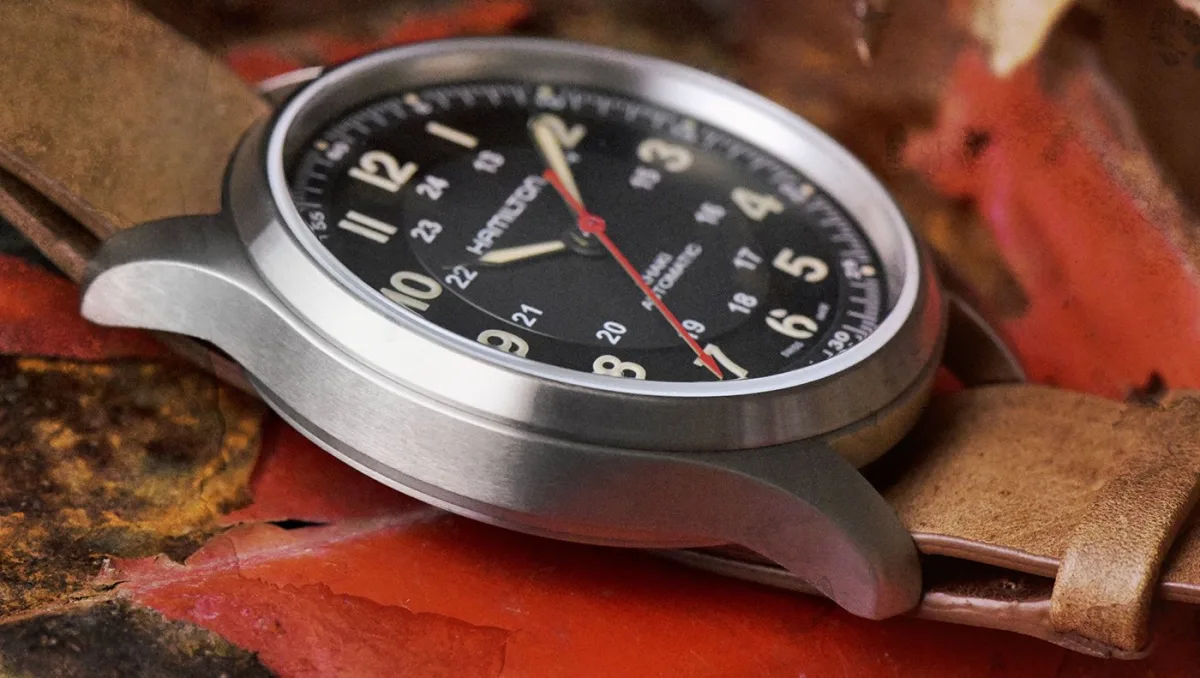 Close-up of Hamilton Khaki Field Titanium case design