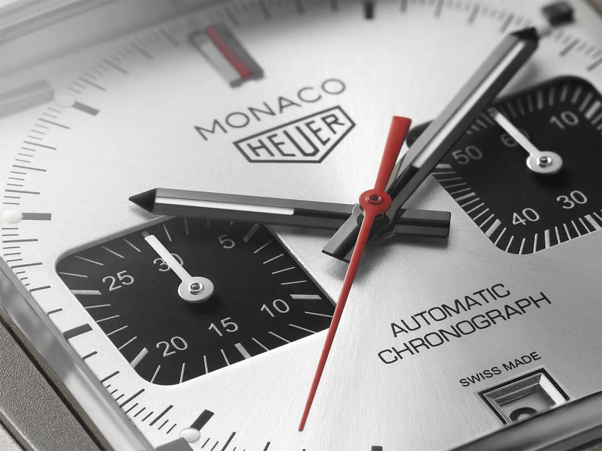 Close-up of TAG Heuer Monaco Titan dial