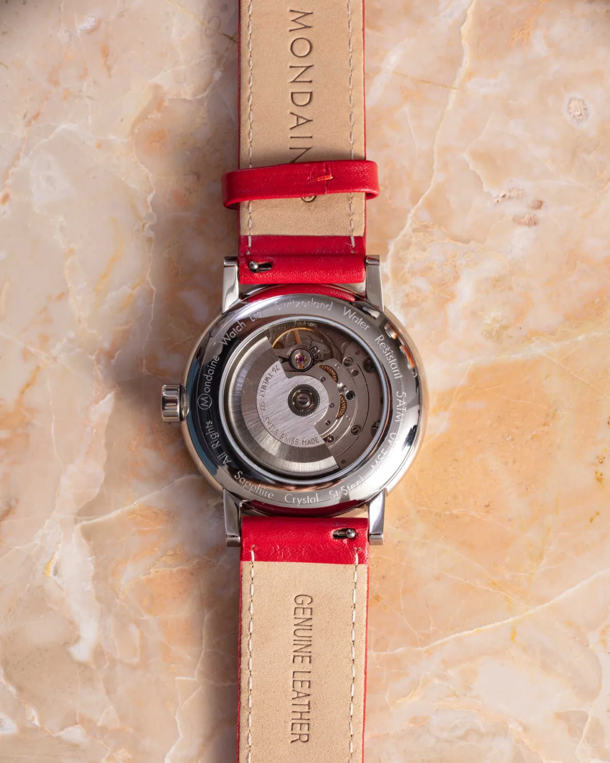 Case back of Mondaine Evo2 showing movement