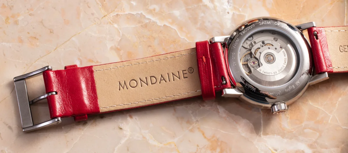 Mondaine Evo2 on red leather strap