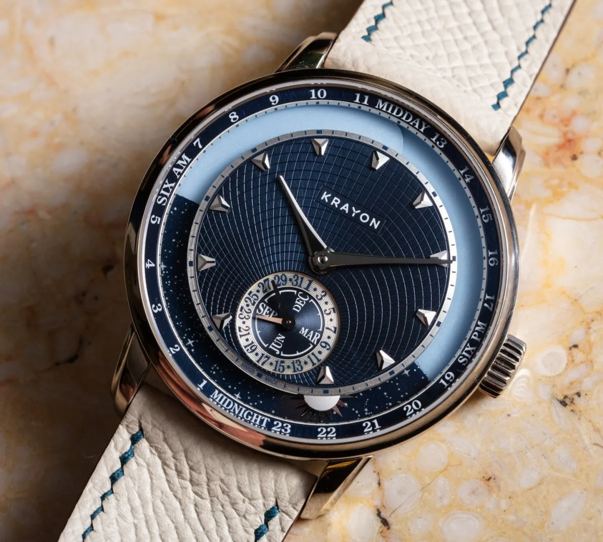 Close-up of Krayon Anywhere's sun-shaped hand on dial