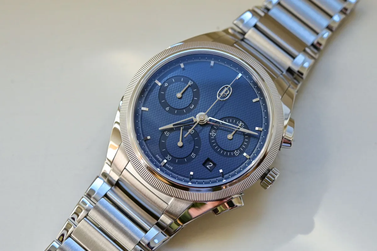 Close-up of the Parmigiani Fleurier Tonda PF watch with guilloché dial