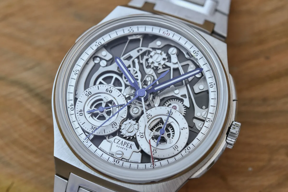 Close-up of Czapek Antarctique Rattrapante Silver Grey chronograph movement