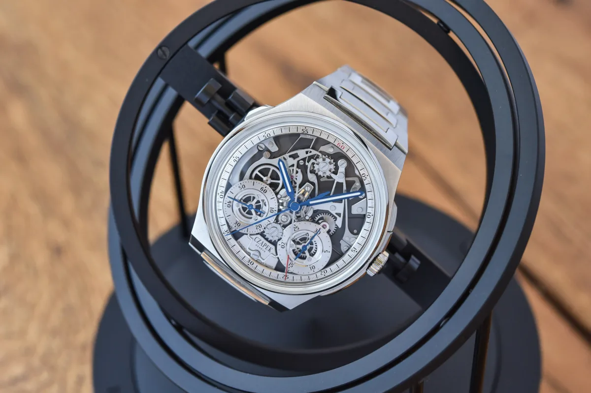 View of Czapek Antarctique Rattrapante with sub-dials and column wheels