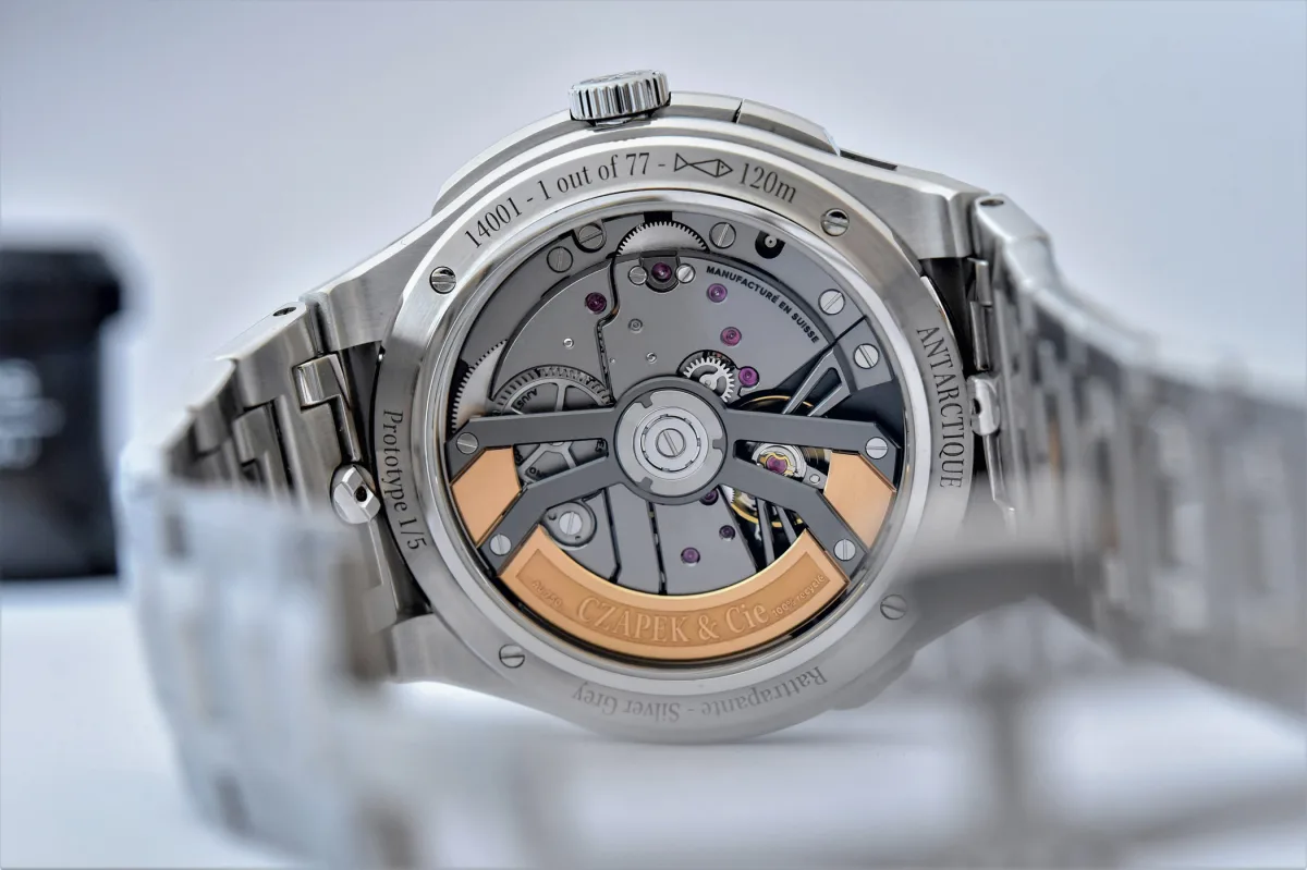 Back view of Czapek Antarctique Rattrapante showing automatic movement