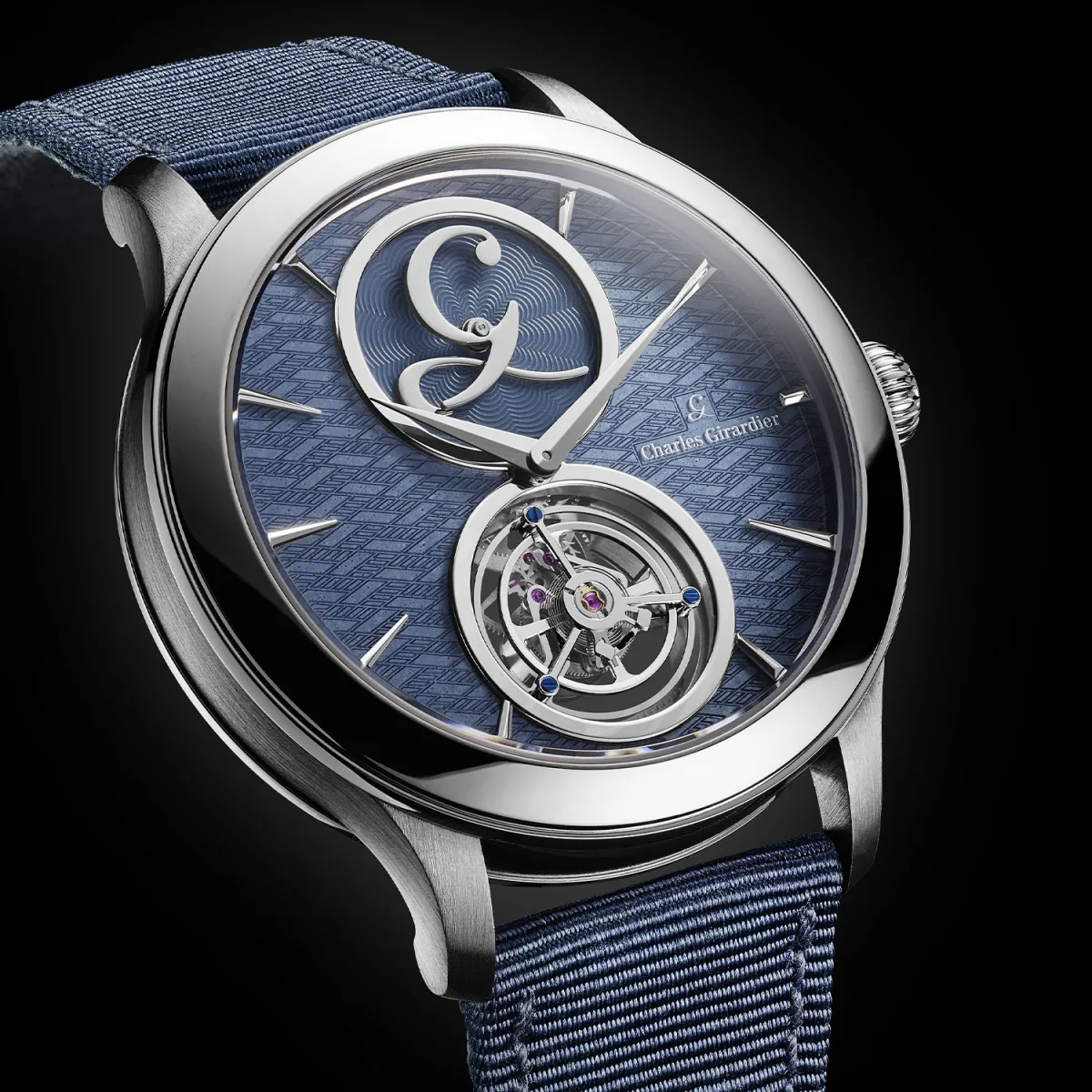 Close-up of the cobalt blue enamel dial with chevron pattern