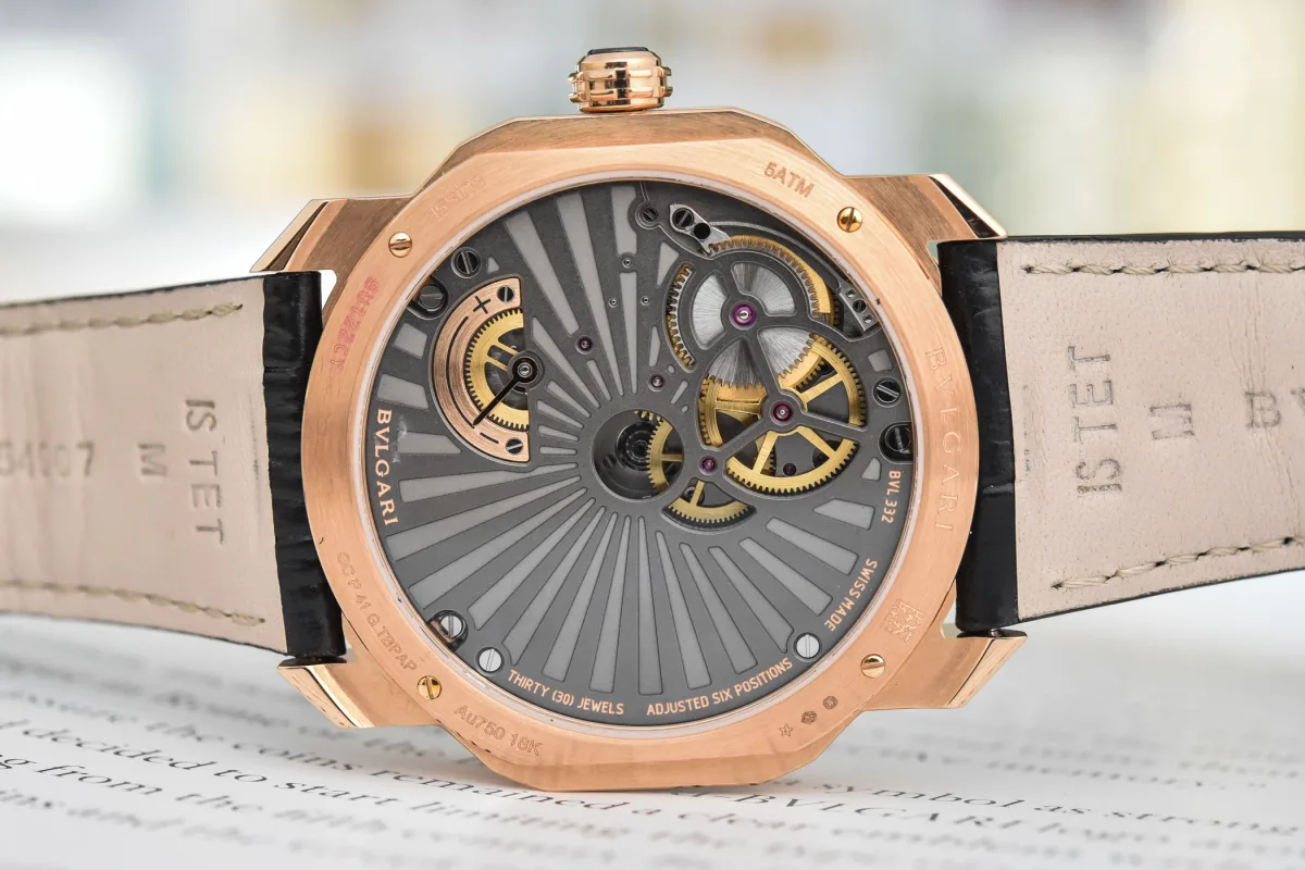 Back view of the Bvlgari BVL 332 caliber through sapphire case