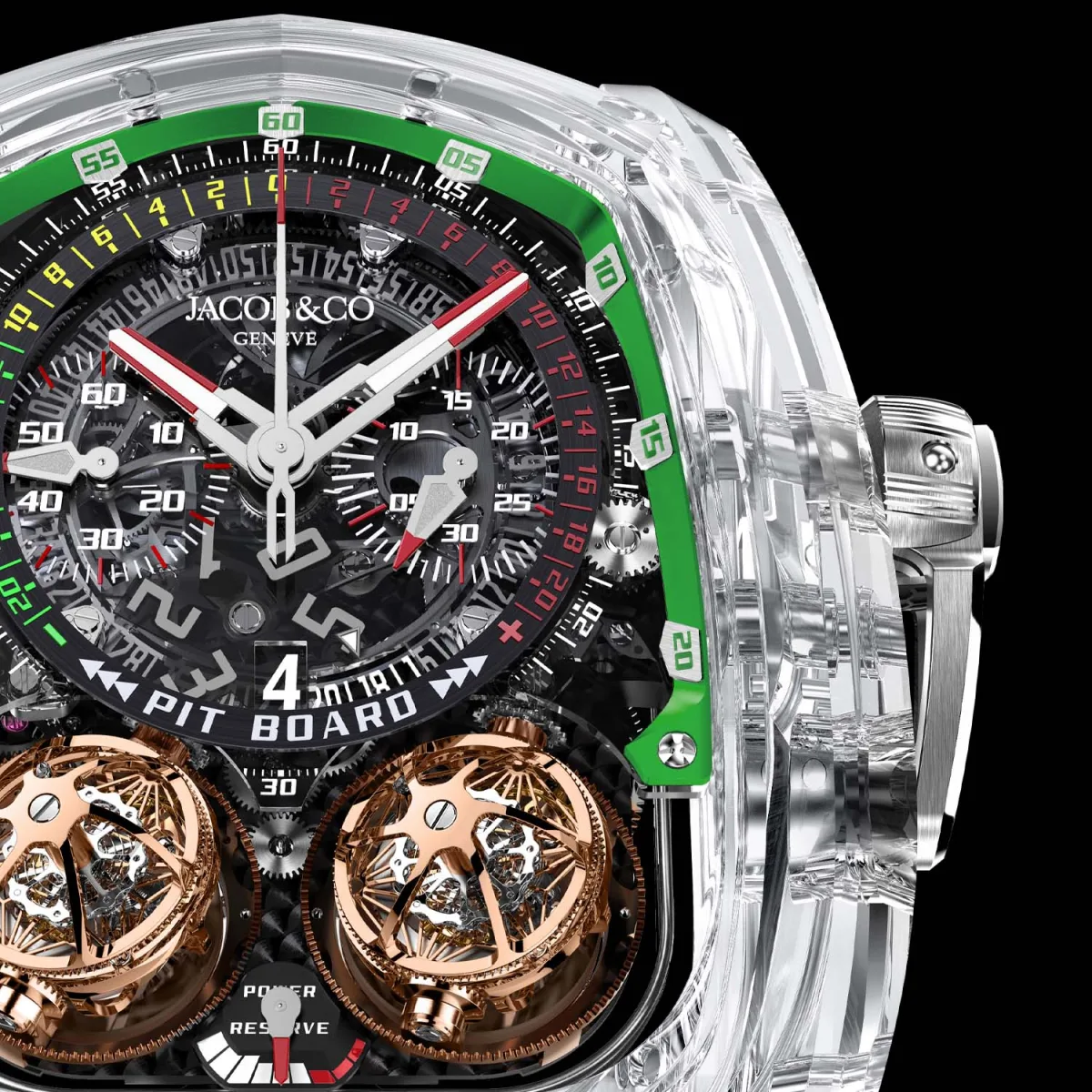 Sapphire crystal case of Jacob & Co. Twin Turbo Furious