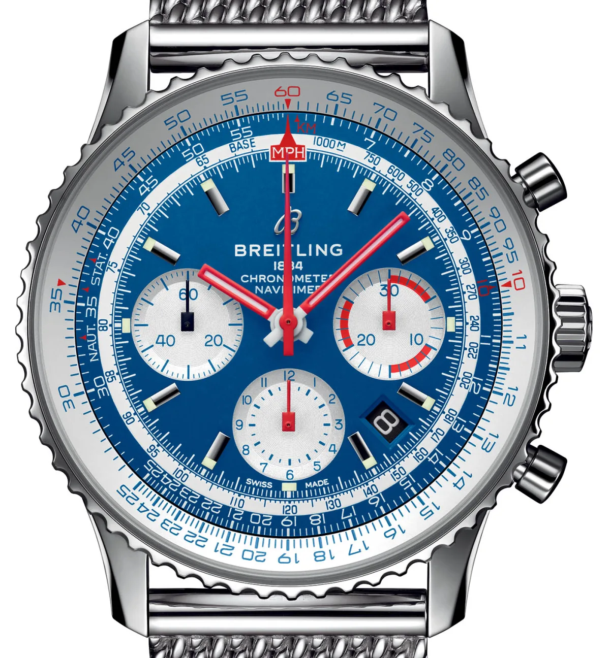 Side view of Breitling Navitimer B01 Chronograph 43 with leather strap