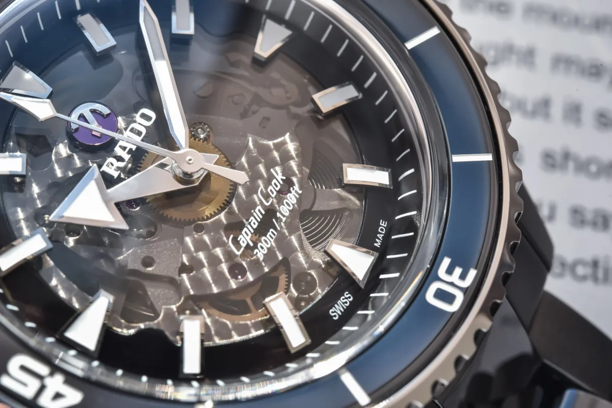 Close-up of Rado Captain Cook watch ceramic bracelet