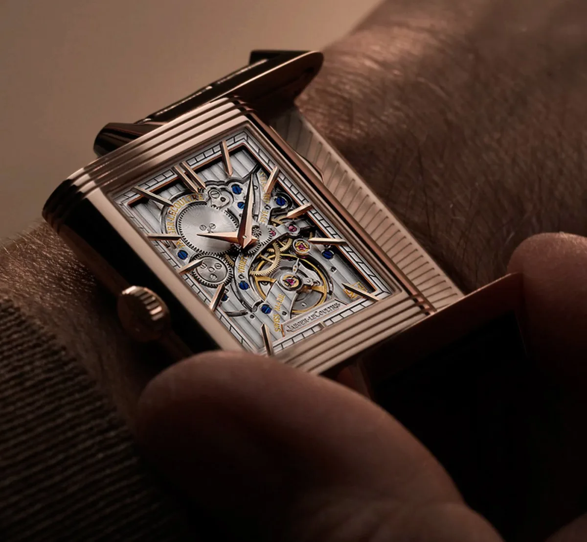 Close-up of Reverso Tribute Minute Repeater on alligator strap