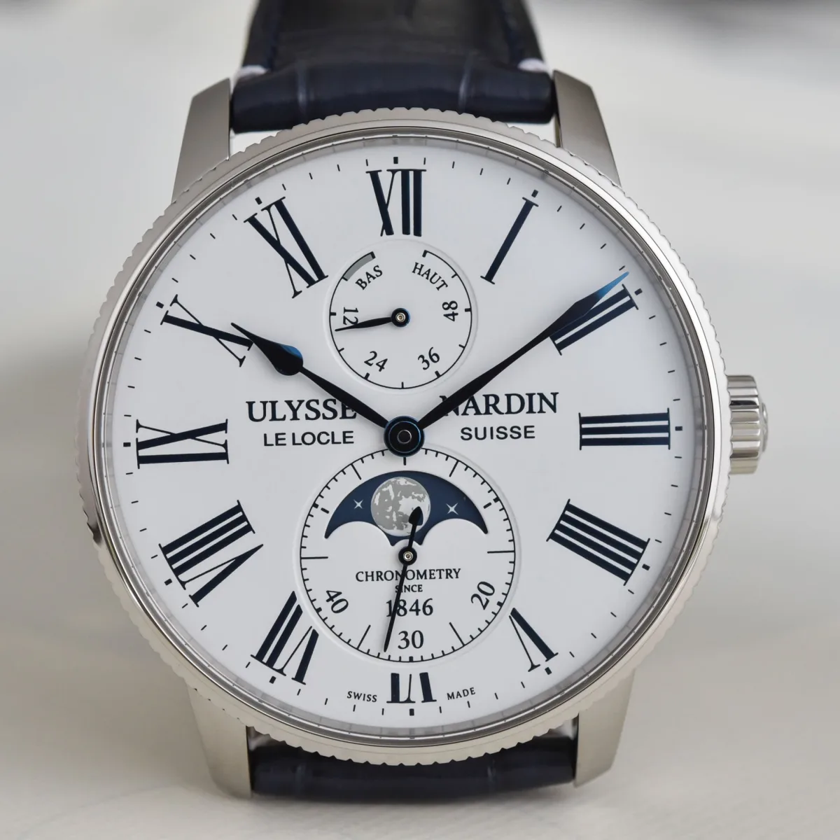 Close-up of Ulysse Nardin Marine Torpilleur Moonphase dial