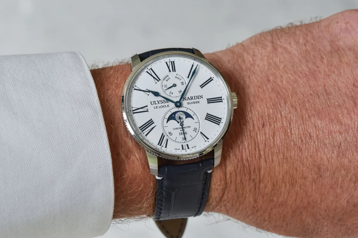 Back view showing movement of Ulysse Nardin Marine Torpilleur Moonphase