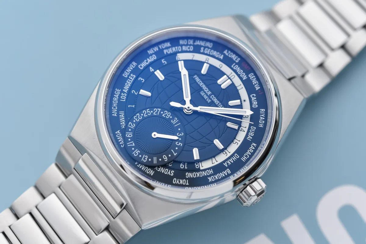 Close-up of the globe pattern on the Highlife Worldtimer dial