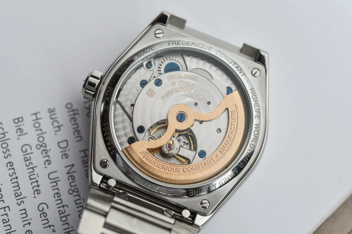 Back view revealing the FC-718 movement in the Worldtimer