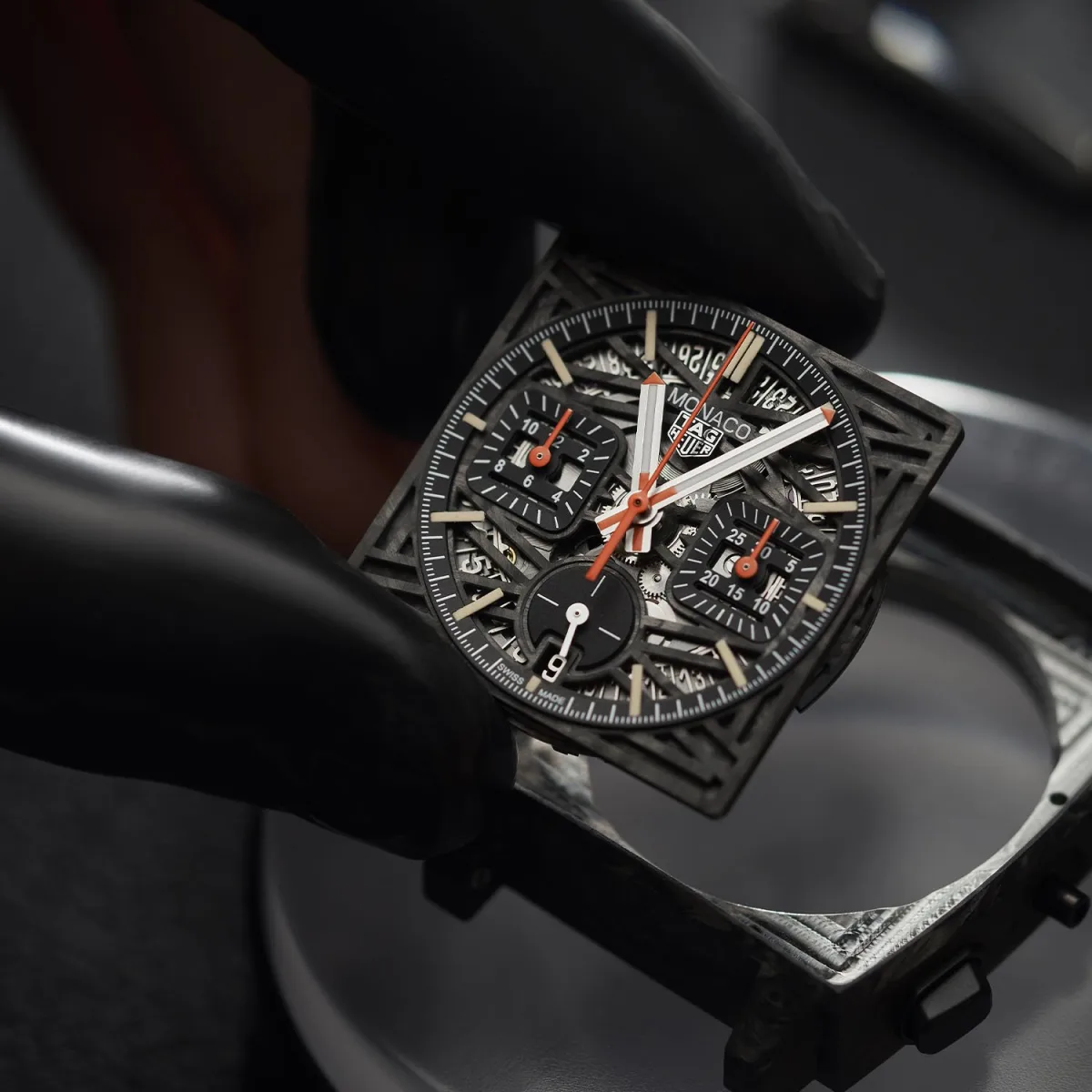 Dial of TAG Heuer OnlyWatch Carbon Monaco with carbon fiber