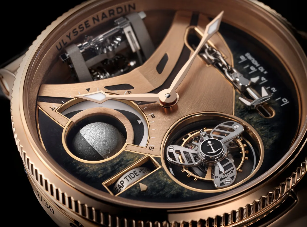 Close-up of Marine Mega Yacht watch dial with tourbillon