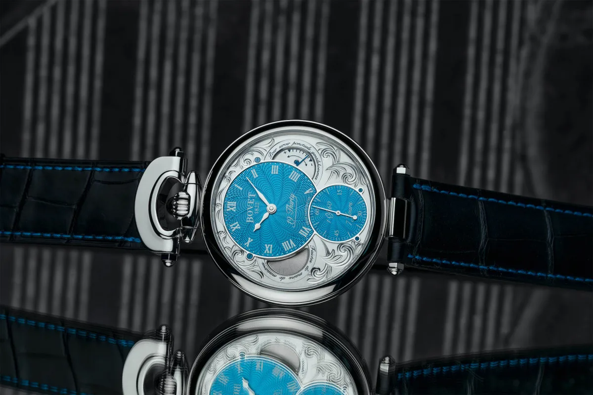 Bovet 19Thirty watch with turquoise guilloché dial