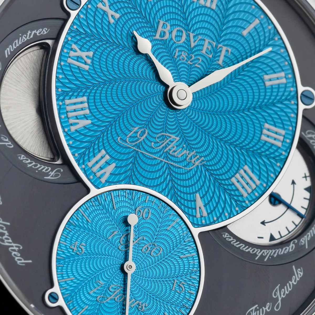 Detailed view of Bovet 19Thirty's dial and sub-dials
