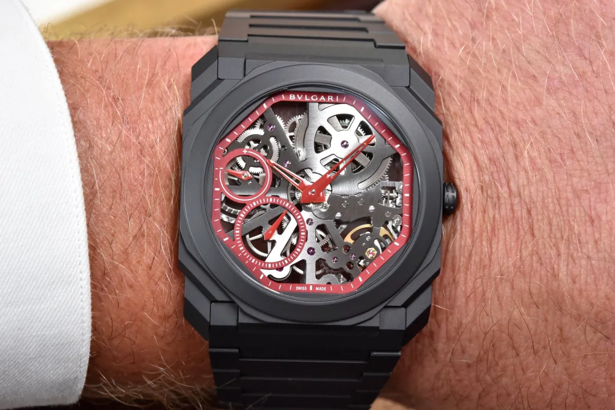 Close-up of Bvlgari Octo Finissimo Skeleton Red case