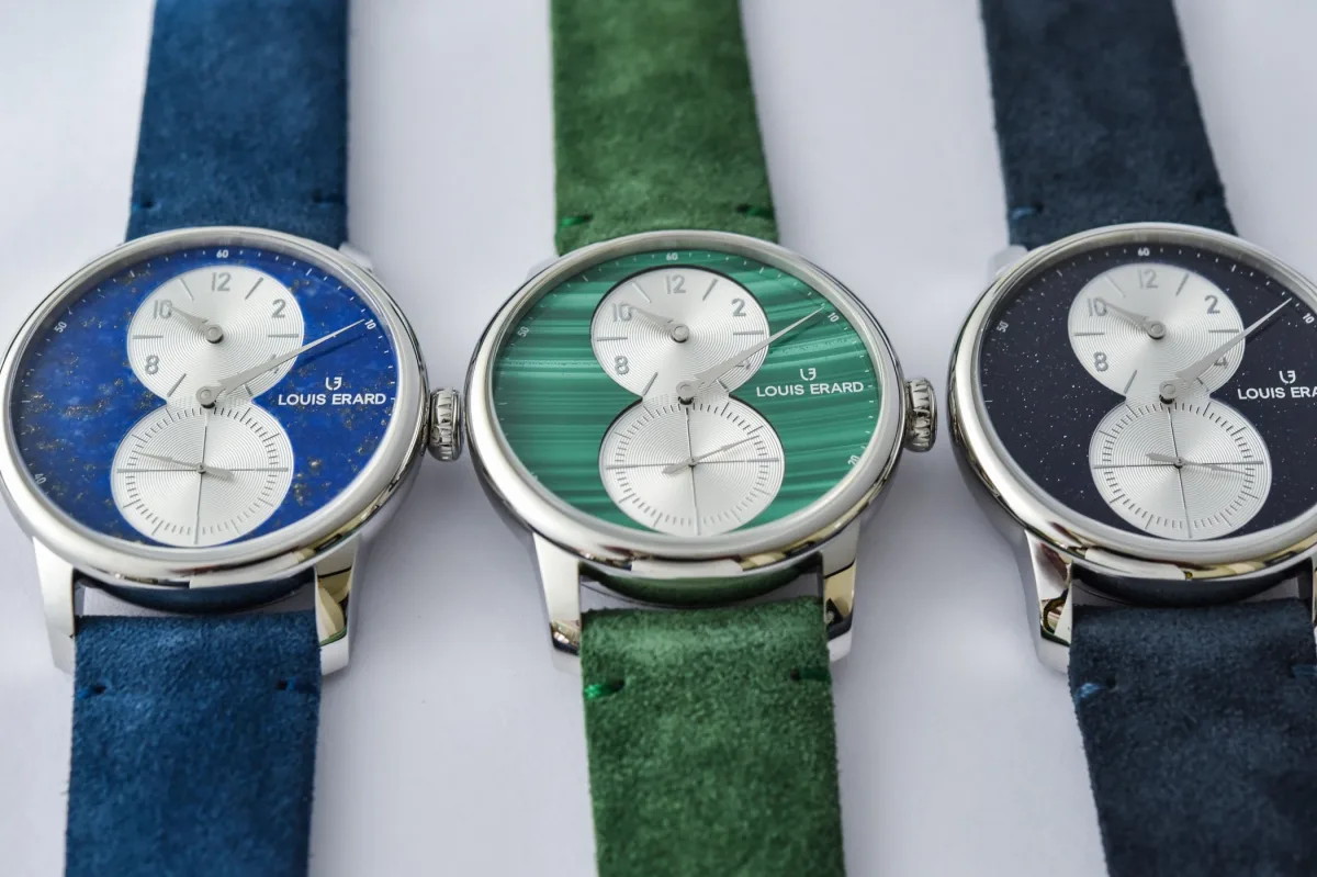 Louis Erard Excellence Régulateur trio with aventurine, lapis lazuli, malachite dials
