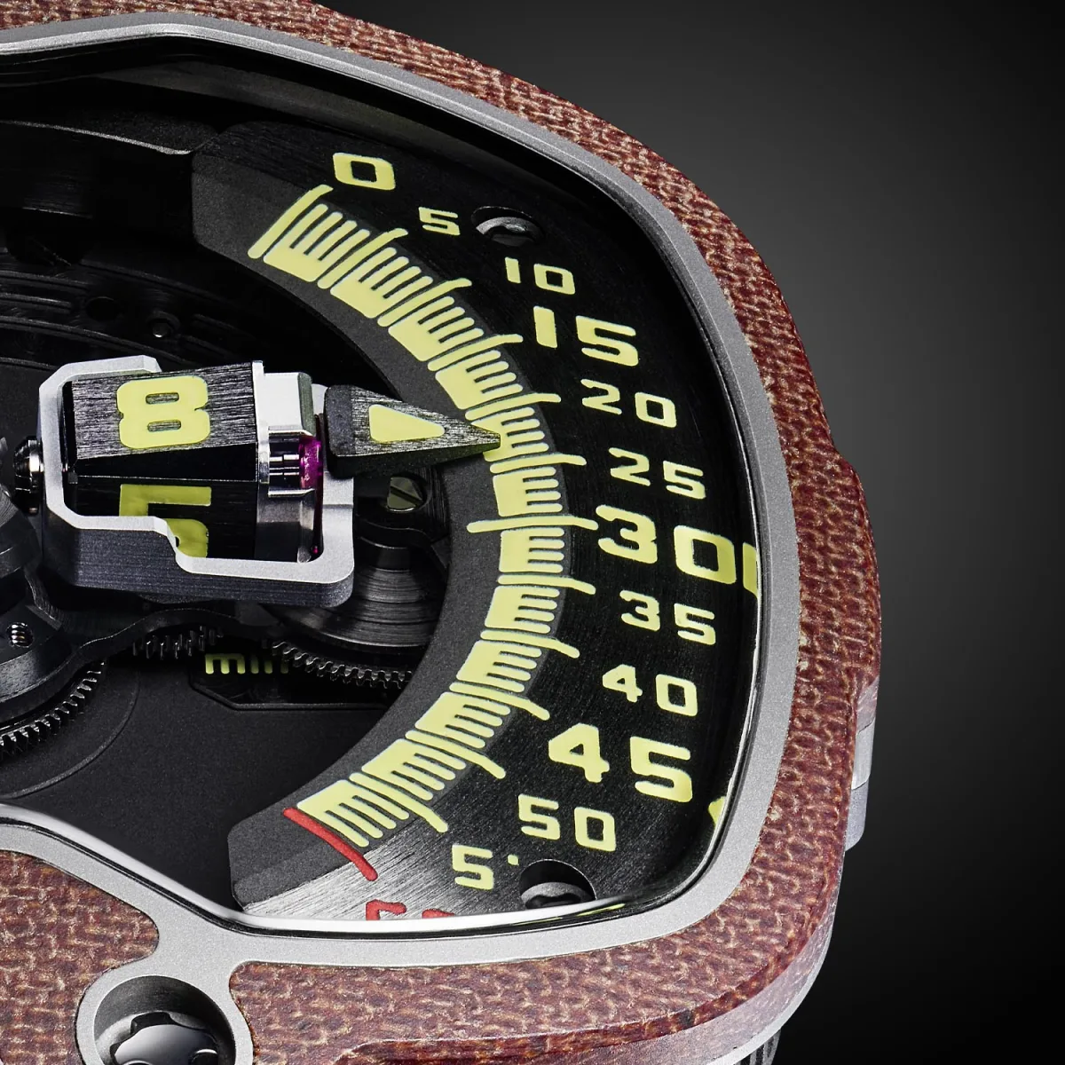 Close-up of URWERK UR-110 Bakelite showing Bakelite bezel