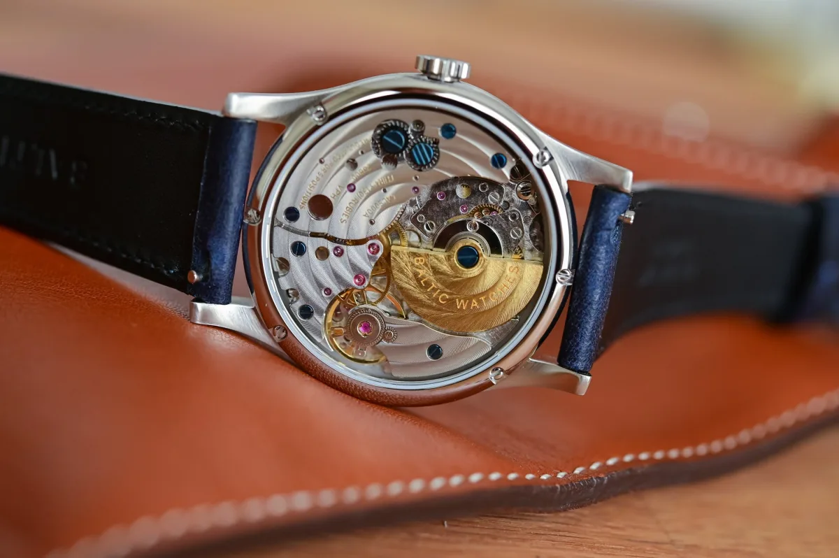 Movement of the Baltic MR01 with micro-rotor visible through the case back